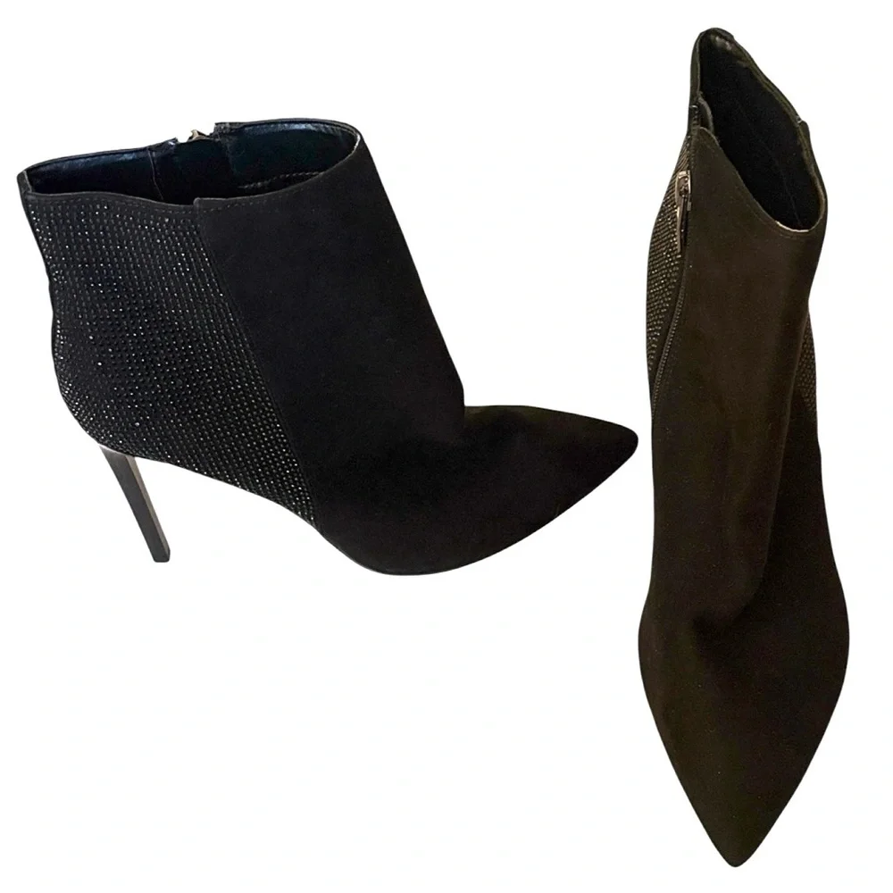 Nine West black faux suede and rhinestone ankle boots/booties, size 9.5